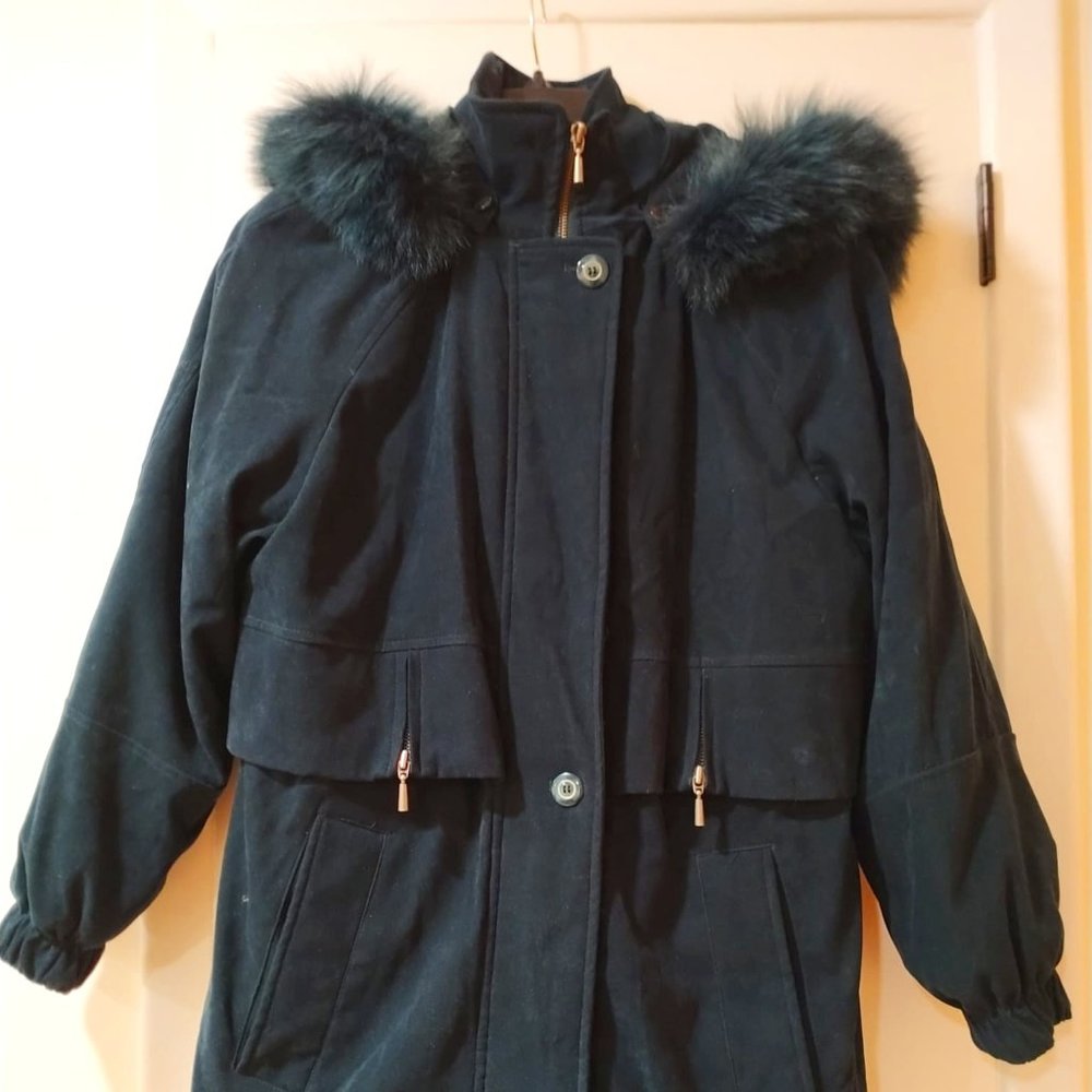 Vintage Fleet Street Women Coat Faux Fur Hood Dark Green Size L